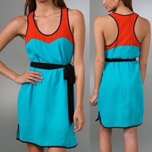 TIBI NY 100% Silk Colorblock Turquoise and Red Racerback Dress Sz 2